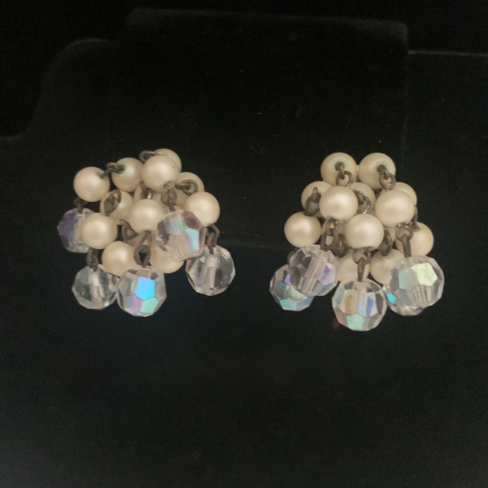 Vintage Cluster Dangle Pearl & Crystal Earrings
